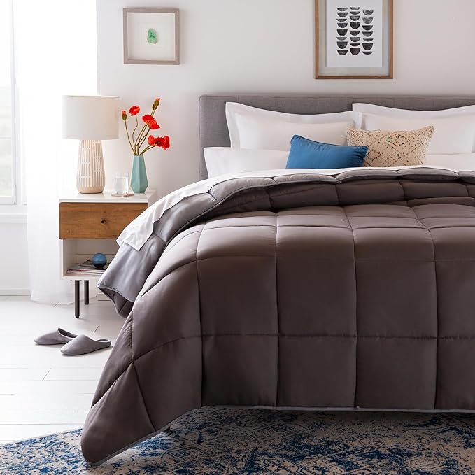 Linenspa Reversible Down Alternative Comforter and Duvet Insert, Oversized Queen – All-Season Comforter with Box Stitch and 8 Duvet Loops – Bedding for Kids, Teens, and Adults – Stone / Charcoal