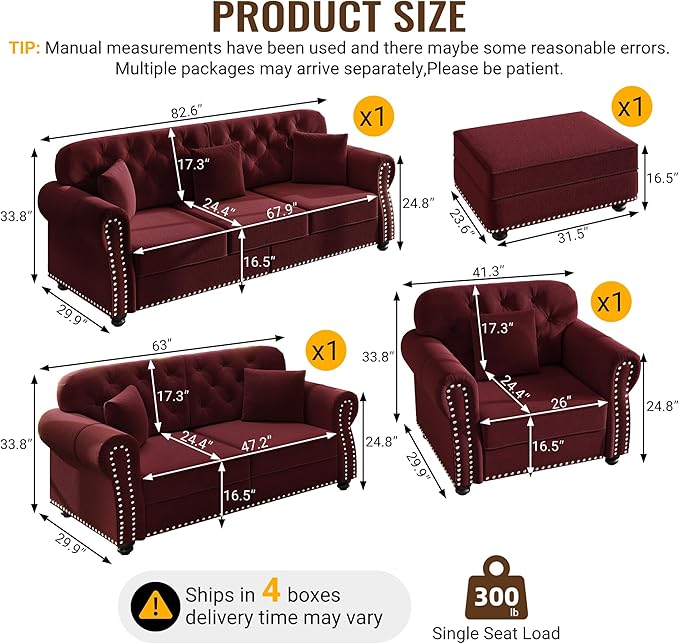 KEIKI 3-Piece Chesterfield Sofa Set with 1 Velvet 3-Seater Sofa & 1 Loveseat & 1 Single Sofa, 6-Seater Couch Set with Nailhead Trim & Rolled Arms & 1 Ottoman & 6 Pillow, for Living Room, Burgundy