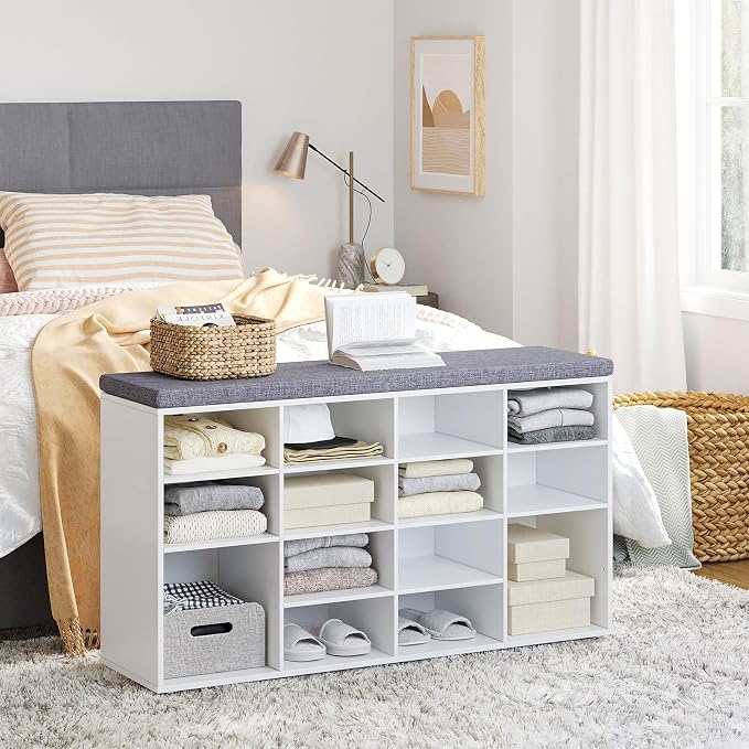 DINZI LVJ Shoe Storage Bench with Cushion, 14-Cubby Shoe Rack, Adjustable Shelves, Multifunctional Shoe Organizer Bench for Entryway, Mudroom, Hallway, Living Room, Bedroom and Garage, White - Image 7