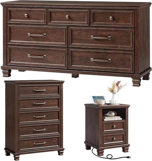 SAVOR LIFE Farmhouse Dresser and Nightstand Sets 3 Piece, 5/7 Drawer Dresser & 2 Drawer Nightstand Set, Rustic Wood Bedroom Furniture Set for Home, Bedroom, Hallway, Walnut