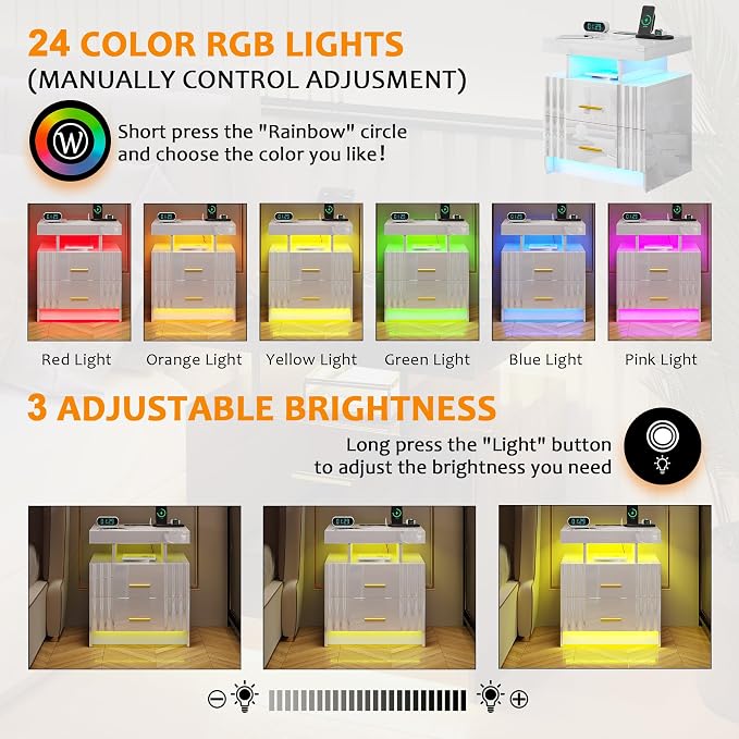 Night Stand Set of 2 with RGB Lights, LED Nightstand with Charging Station, Modern Bedside Table with 2 Drawers, Smart Lighted Nightstand, High Gloss End Table Bed Side Table, White - Image 5