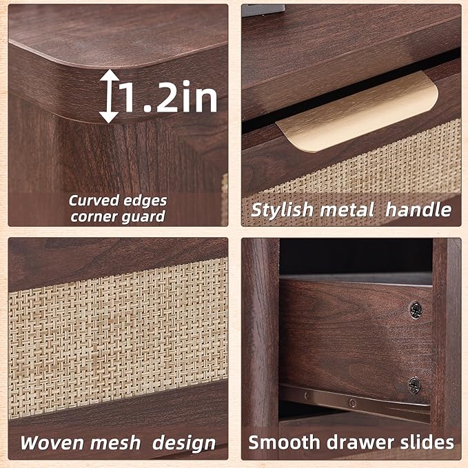 LEYAOYAO Rattan Nightstands Set of 2 with Charging Station, Walnut Night Stand with Drawer, 23" Wide Boho Bedside Table with Storage Shelf, Bed Side End Tables for Bedroom, Living Room, Hallway - Image 6