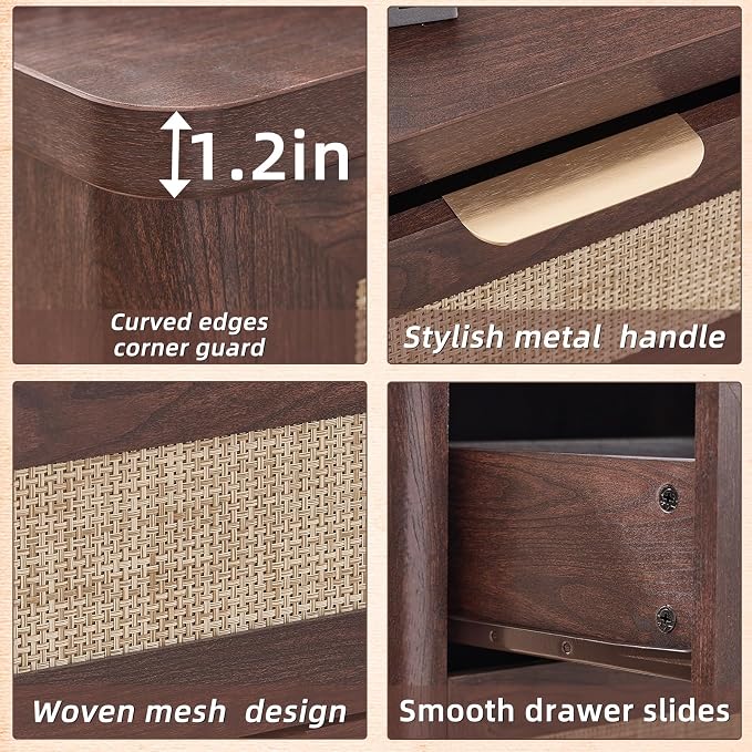 LEYAOYAO Rattan Night Stand with Charger Station, 23" Large 3 Drawer Boho Nightstand, Walnut Bedside Table Storage Cabinet, Bed Side End Tables for Bedroom, Living Room, Hallway - Image 4