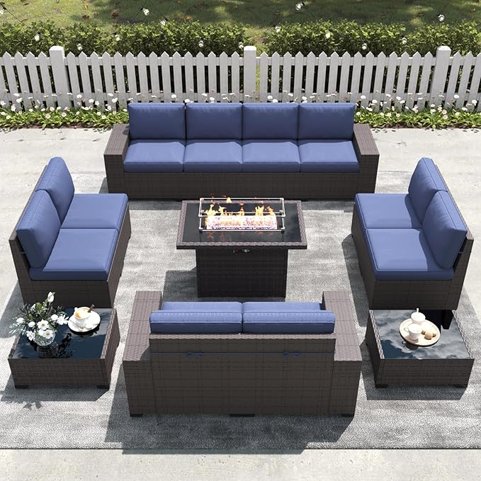 LayinSun 13 Pieces Outdoor Patio Furniture Set with 44" Fire Pit Table Brown Rattan Sectional Sofa Conversation Sets