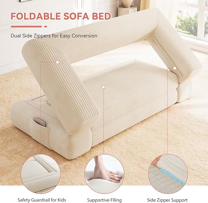 4-in-1 Convertible Folding Sofa Bed, 76 Inch Queen Size Foldable Sleeper Sofa Bed, Wide Corduroy Upholstery, Boneless Mattress Couch with Armrests & Neck Pillow for Living/Bedroom - Beige