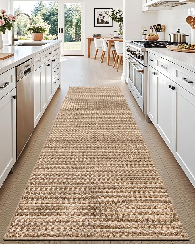DEXI Hallway Runner Rug 3.3x12, Woven Braided Farmhouse Runner Carpet Indoor, Absorbent Thin Long Entryway Runners for Kitchen, Laundry Room, Patio Entrance, Checkered Beige - Image 8