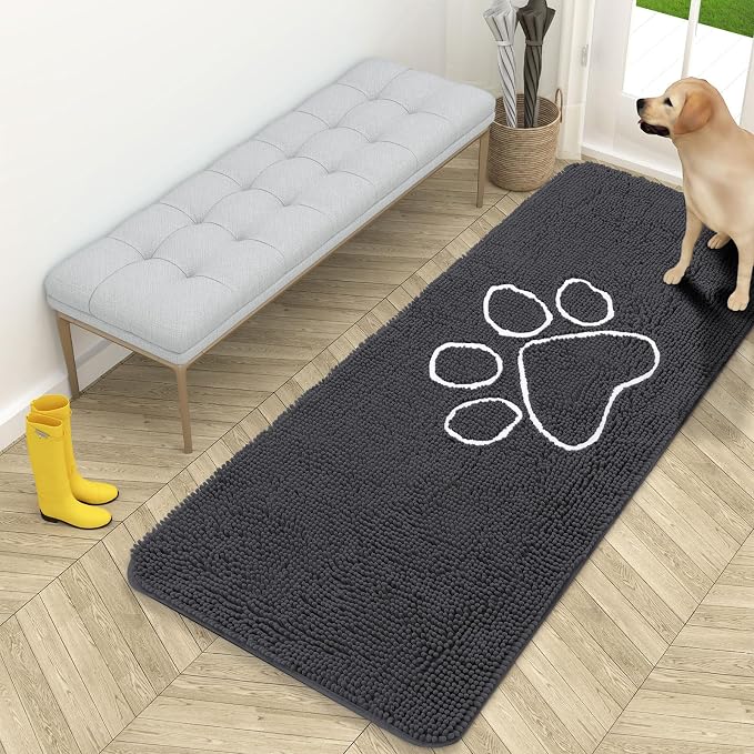 OLANLY Dog Door Mat for Muddy Paws 59x24, Paw Print Design, Absorbs Moisture and Dirt, Absorbent Non-Slip Washable Doormat, Quick Dry Chenille Mud Mat for Dogs, Entry Indoor Entryway Carpet, Dark Grey by OLANLY