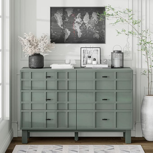 Aoikax Modern 6 Drawer Double Dresser with Grid Carved Pine Front, Minimalist Chest of Drawers with Large Storage Space Metal Base for Bedroom, Ash Veneered Top, Metal Legs, Light Green by Aoikax