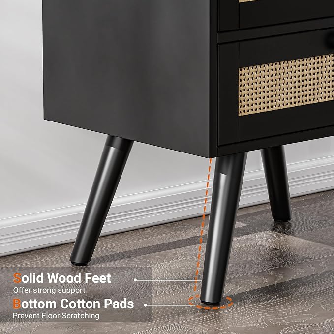 SUPERJARE 2 Drawer Night Stand with Charger Station, Boho Rattan Nightstand Set of 2, 25.2 Inch Tall Bed Side Table with Solid Wood Feet, End Table, Open Storage, Synthetic Rattan, for Bedroom, Black - Image 7