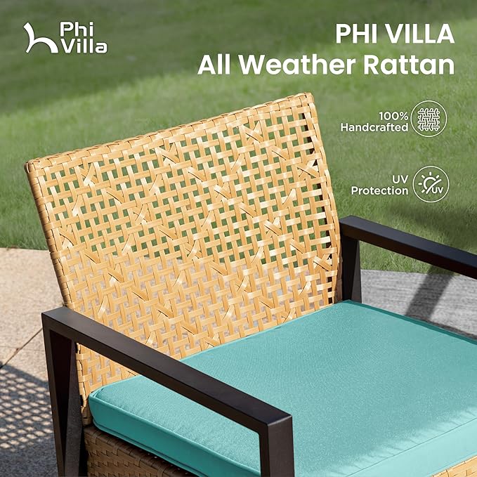 PHI VILLA Patio Wicker Furniture Set for 4, Yellow Rattan Loveseat & Chairs with Cyan Cushions & Acacia Wood Coffee Table, Outdoor Modern Conversation Sofa Set for Deck, Yard, Porch