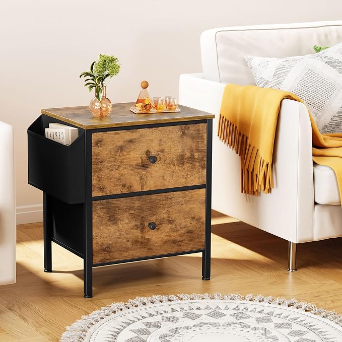 BOLUO Nightstands Set of 2 with Drawers, Small Night Stand with Pocket 2 Drawer Dresser for Bedroom Set End Table Brown - Image 2