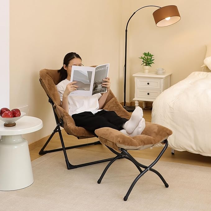 Comfy Saucer Chair for Adults, Soft Faux Fur Bedroom Chair, Accent Dorm Chairs, Flexible Living Room Reading Chairs, Oversized Folding Seat for Teens, X-Large, Brown