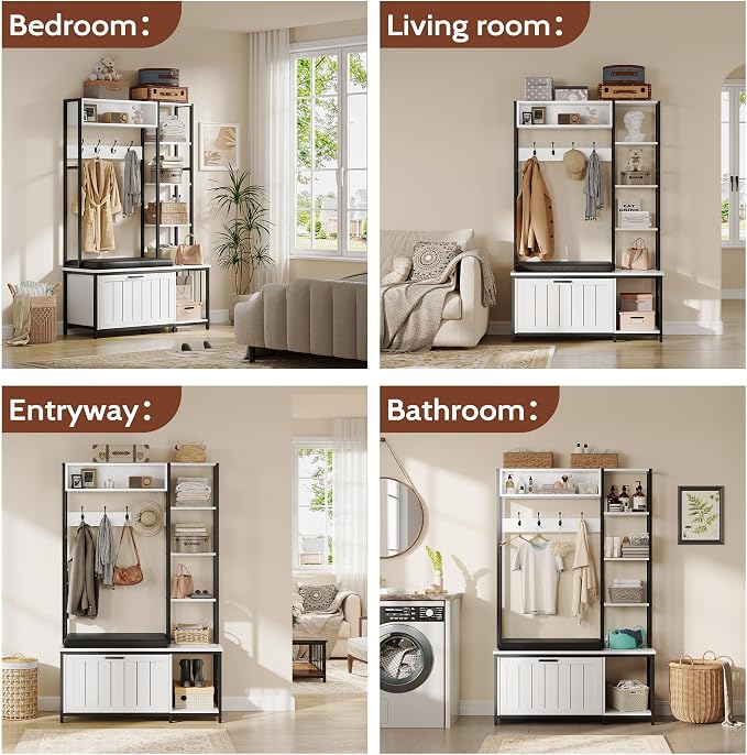Hall Tree Coat Rack, Hall Tree With Bench and Shoe Storage Shoe With, Mud Room Storage Furniture，39.37 X 15.74 X 69.69 Inches, Rustic White - Image 8