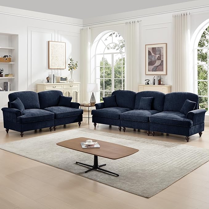 KEIKI Mid Century Modular Sofa with Flared Arms and Skirted Design, 107” Oversized 3-Seater Loveseat Chenille Sectional Couches Set for Living Room, Comfy Sofa and Loveseat Furniture Set, Blue