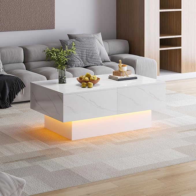 White Marble Modern Coffee Table with Hidden Storage for Living Room, Living Room Table Rectangular Center Tables Sliding Top with LED Lights, Wooden Cocktail Table for Reception Room