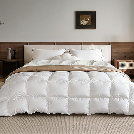 Goose Feather Down Fiber Comforters King Size, Extra Fluffy White Duvet Insert, Ultra-Soft, Breathable, Noiseless, All Season Hotel Luxury Collection Bedding Comforters 106"x90"