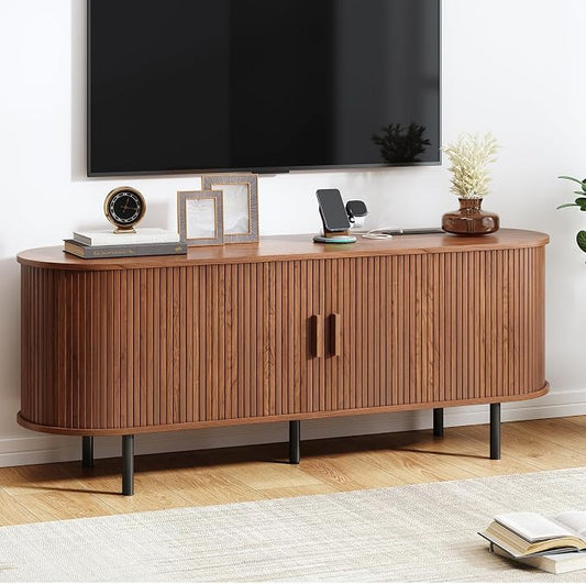 55" TV Stand with Power Outlet, Mid-Century Modern Television Stand, Fluted Media Console with Sliding Doors, Entertainment Center for TVs up to 60 Inch, Adjustable Shelves, Walnut by ComfyCorner