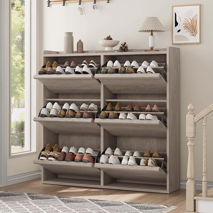 GarveeHome Shoe Cabinet with 6 Flip Drawers, Wooden Shoe Organizer Cabinet with Adjustable Shelf, Shoe Storage for Entryway, Hidden Shoe Cabinet for Hallway, Living Room, Grey by GarveeHome