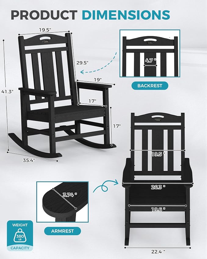 Ciokea Oversized Outdoor Rocking Chairs Set of 4, 380lbs Heavy-Duty Large Patio Rocker, High Back Cozy Porch Chairs, Weather Resistant Patio Rocking Chairs for Outside, Fire Pit, Deck, Black - Image 3
