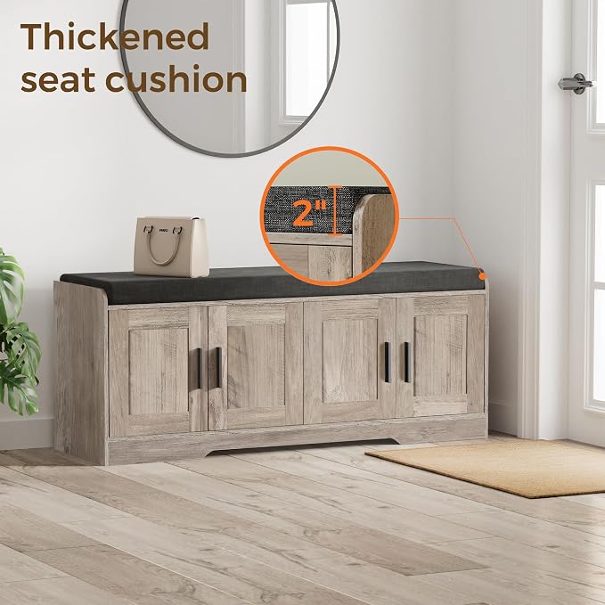 Homleke 2-Tier Storage Bench, Shoe Bench with Thickened Padded Seat Cushion, Entryway Bench with 4 Doors, Adjustable Shelf, 13.8" D x 45.3" W x 18.5" H, for Entryway, Living Room, Bedroom, Greige - Image 4