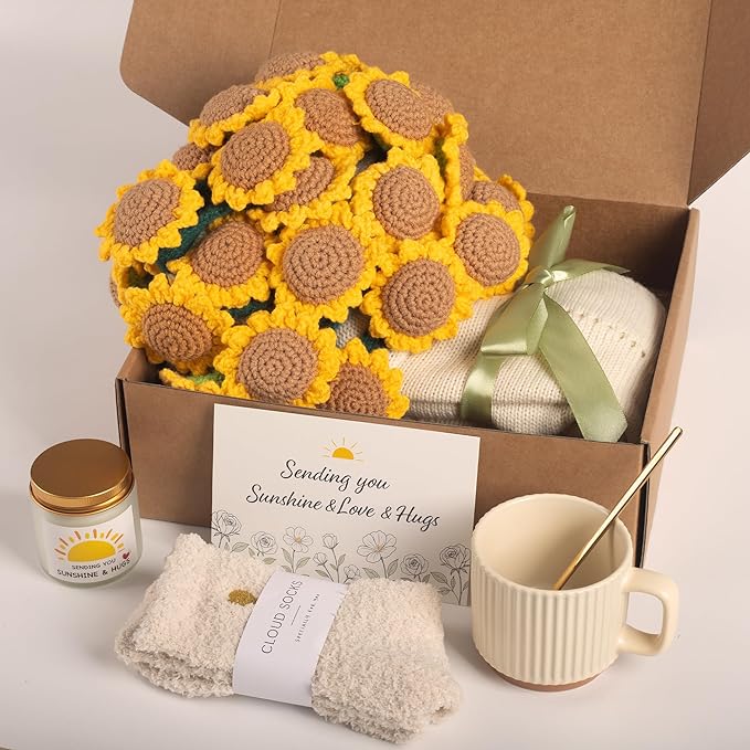 Get Well Gifts for Women, Sunflower Flower Bouquet Blanket Gift Basket, Encouraging Care Package for Her, Thank You & Thinking of You Gifts, Cozy Throw with Mug Candle Socks (Sunflower Bloom)