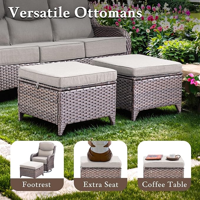 Luxury High Back Outdoor Furniture Set with 6-inch Thick Cushions, Patio Furniture Set with Swivel Chairs, 10 PCS Wicker Conversation Set for Yard, Deck, Poolside, Brown/Beige