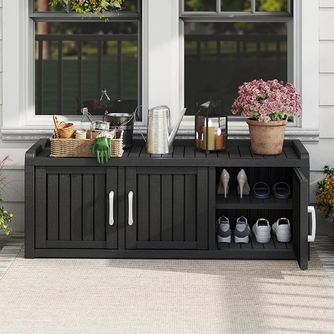 2-Tier Storage Bench, Waterproof UV-Resistant Outdoor Shoe Storage Cabinet with 3 Doors & Adjustable Shelves for Indoor Outdoor Entryway, Hallway, Living Room (Black) - Image 2