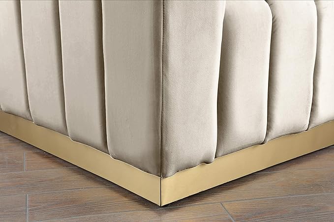 Meridian Furniture 603Cream-S Marlon Collection Modern | Contemporary Velvet Upholstered Sofa with Deep Channel Tufting, Stainless Steel Base in a Brushed Gold Finish, Cream, 86.5" W x 34" D x 28" H
