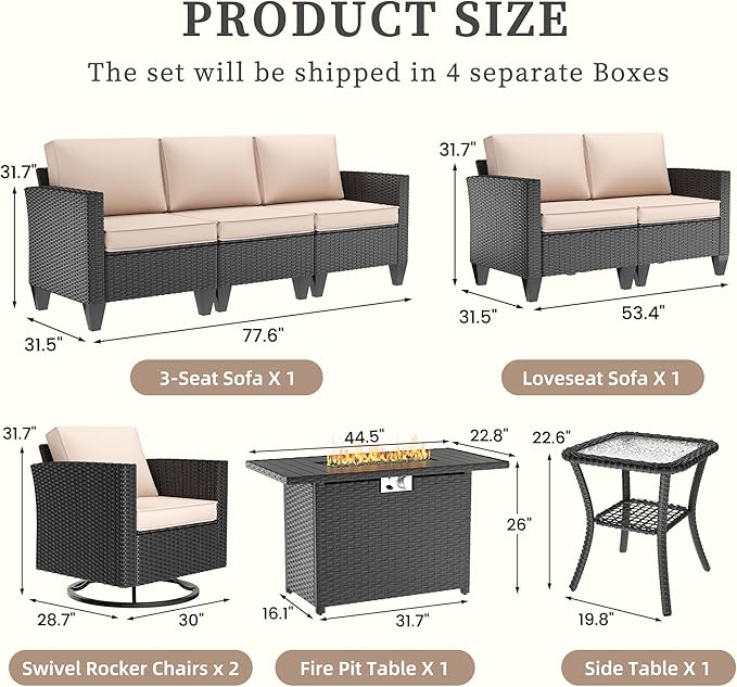 UDPATIO Patio Furniture Set with Fire Pit Table and Swivel Rocking Chairs, 6 Pieces Outdoor Wicker Furniture Set with Waterproof Cover, 4'' Thickened Cushion, Khak