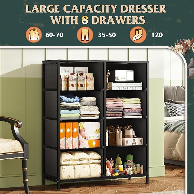 WLIVE Fabric Dresser for Bedroom, Tall Dresser with 8 Drawers, Storage Tower with Fabric Bins, Double Dresser, Chest of Drawers for Closet, Playroom, Dormitory, Vintage Green - Image 4