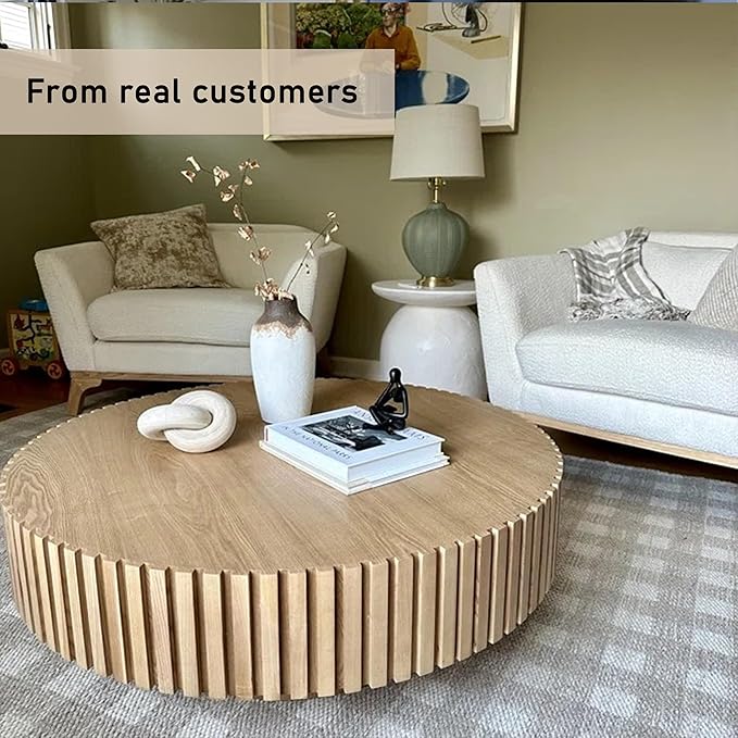 Round Coffee Table, 39.37" Coffee Table, Wood Coffee Table for Living Room, Handcrafted Relief Carving, Easy Assembly, Oak