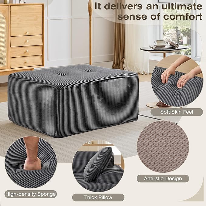 Modular Sectional Sofa, Boneless Couches for Living Room, Corduroy Couch, Big Comfy Couch, Modular Cloud Sofa with Deep Seat (Grey, 1 Piece-Ottoman)