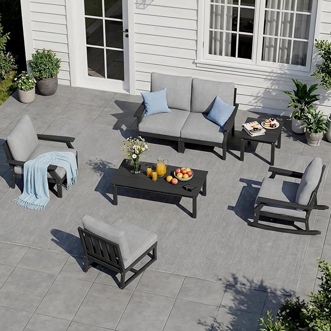 HDPE Patio Conversation Set, 7-Piece All Weather Outdoor Furniture Set with 1 Single Rocking Armchairs for Deck, Lawn, with Cushion, Black