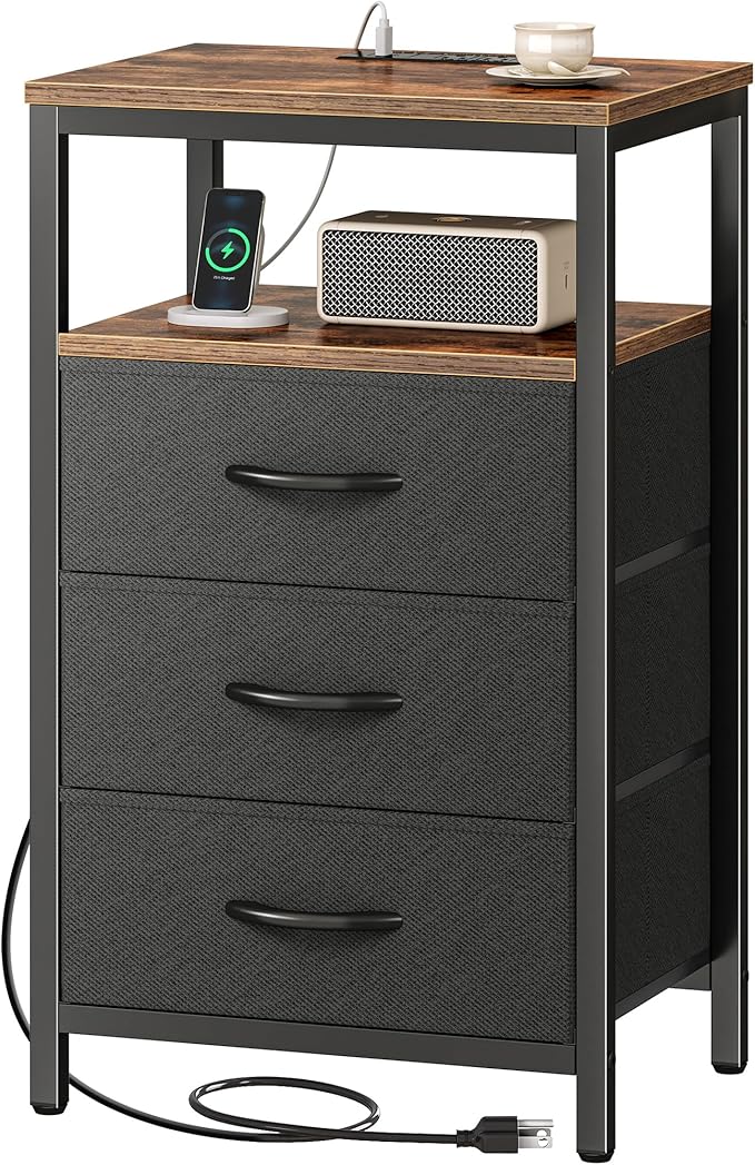 Huuger Nightstand with Charging Station, 27.6 Inch End Table Bedside Table with USB Ports and Outlets, Fabric Drawers, Night Stand for Bedroom, Rustic Brown and Black by Huuger