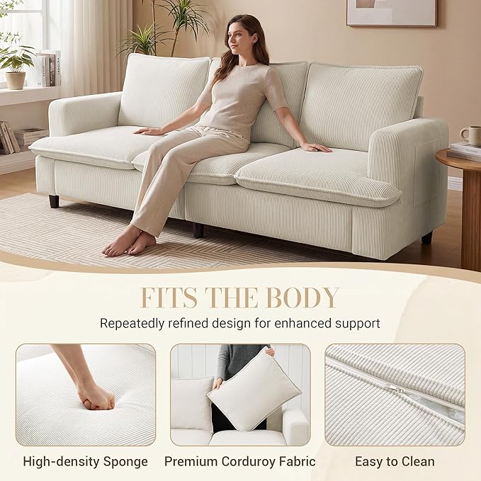 3 Seater Couch, 83" Comfy Corduroy Sofa with Deep Seat, Modern Sofa Couch for Living Room, Office, Bedroom, Apartment (Pillows not Included)