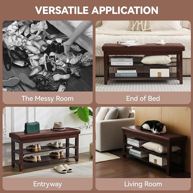 40" Shoe Bench with Leather Cushion, 2-Tier Shoe Rack Entryway Bench, Wood Bench for Front Door Entrance, Mudroom, Hallway, Wooden Shoe Shelves, Shoe Organizer, Shoe Storage, Brown - Image 6