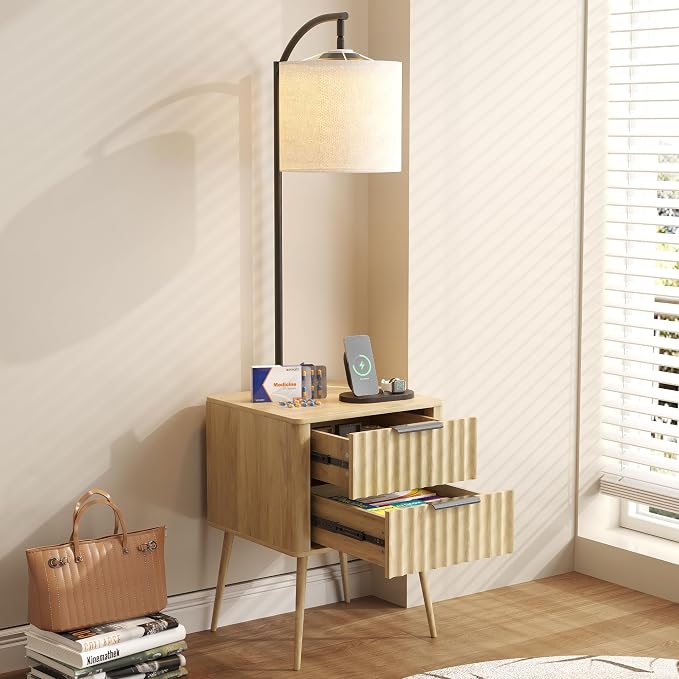 HNEBC Fluted nightstand Set 2 with - with 3-Color Lights and Lampshades,Modern Night Stand with Charging Station,LED Bedside Table with 2 Drawers,Tall Side Table for Bedroom,Natural - Image 6