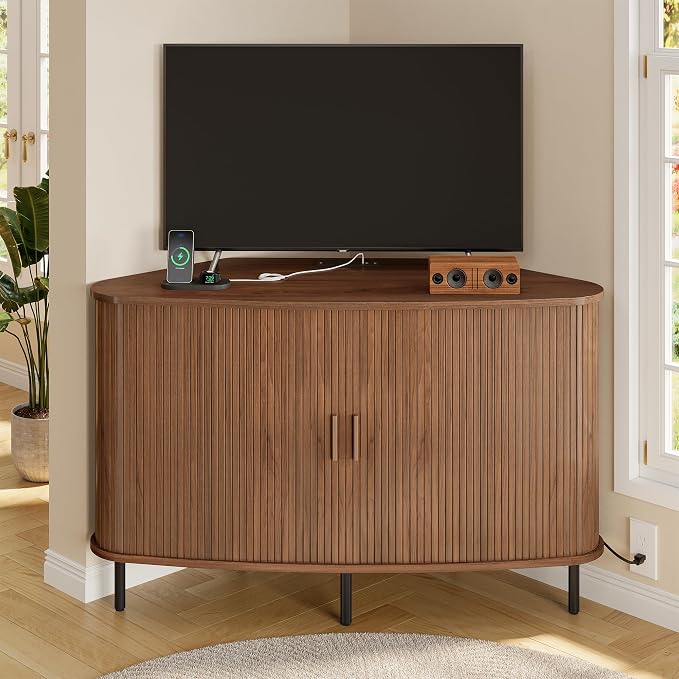 47" Corner TV Stand for up to 55" TVs, Modern Fluted Sliding Door Cabinet with Power Outlet, Wood Storage Entertainment Center, Media Console for Living Room, Walnut by ComfyCorner