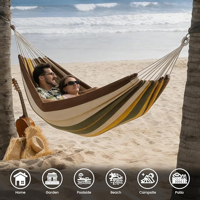 Lazy Daze Hammocks Double Brazilian Cotton Hammock, Extra Large Portable Outdoor Camping Hammock with Tree Straps & Travel Bag for Backyard Patio Poolside Indoor, 550lbs Capacity, Brown & Khaki - Image 2