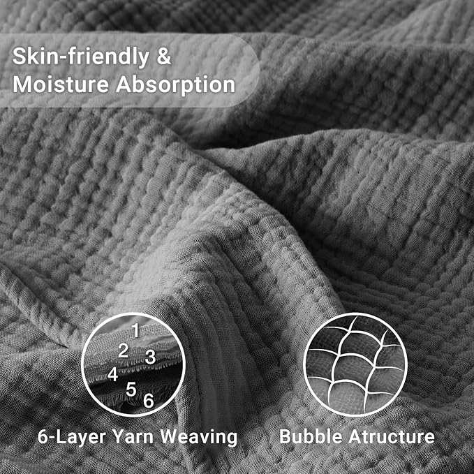 100% Cotton Muslin Blanket California King 120" x 90", 6 Layers Breathable and Lightweight Oversized Blankets for Bed, Soft Cooling Gauze Blanket for Adults All Season, Dark Grey