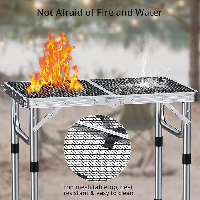 Anbte 2ft Folding Grill Table, Adjustable Height Max 27.5" Aluminum Camping Table, Heat-Resistant Tabletop, Lightweight, Portable Handle for Travel Cooking BBQ Picnic, 22.8" x 16", Silver - Image 4