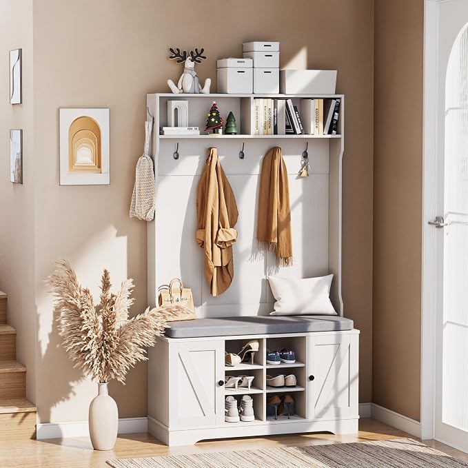71" Hall Tree with Bench and Shoe Storage, Entryway Hall Tree with 2 Doors and 6 Adjustable Shelves, Cushioned Storage Bench with Coat Rack for Hallway, Living Room, Mudroom - Image 9