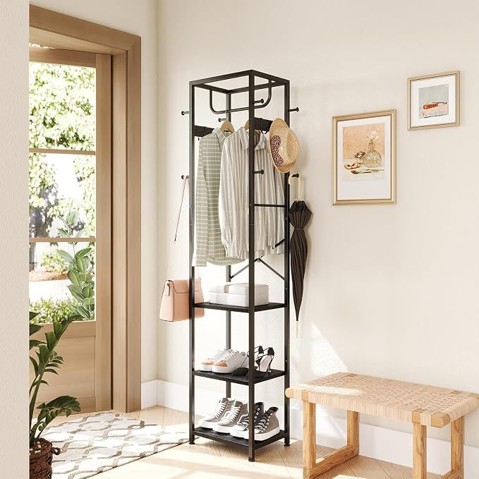 ELYKEN Coat Rack Freestanding, Hall Tree with 3 Storage Shelves and 12 Hooks, Metal Clothes Rack Stand Organizer for Bedroom, Hallway, Entryway, Office, Living Room, Black - Image 2