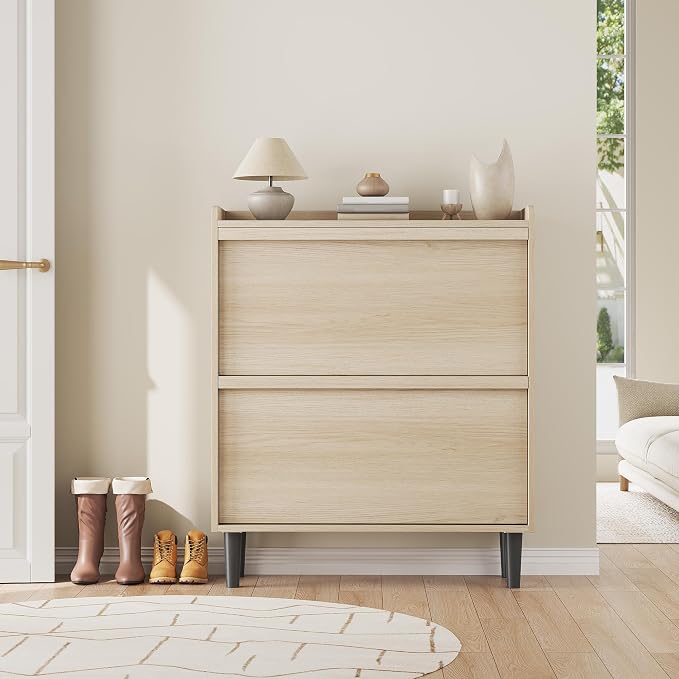 GarveeHome Shoe Cabinet with 2 Flip Drawers, Wooden Shoe Organizer Cabinet with Adjustable Shelf, Shoe Storage for Entryway, Hidden Shoe Cabinet for Hallway, Living Room, Natural Oak - Image 3