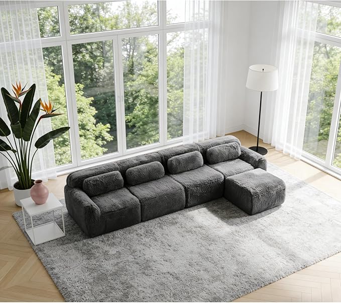 149" L-Shaped Boneless Modular Sofa, Plush Foam Lounge Couch, 32D High Density Sponge, Plush Convertible Sofa Set Deep Seat Couches for Living Room, Bedroom and Apartment, Dark Grey