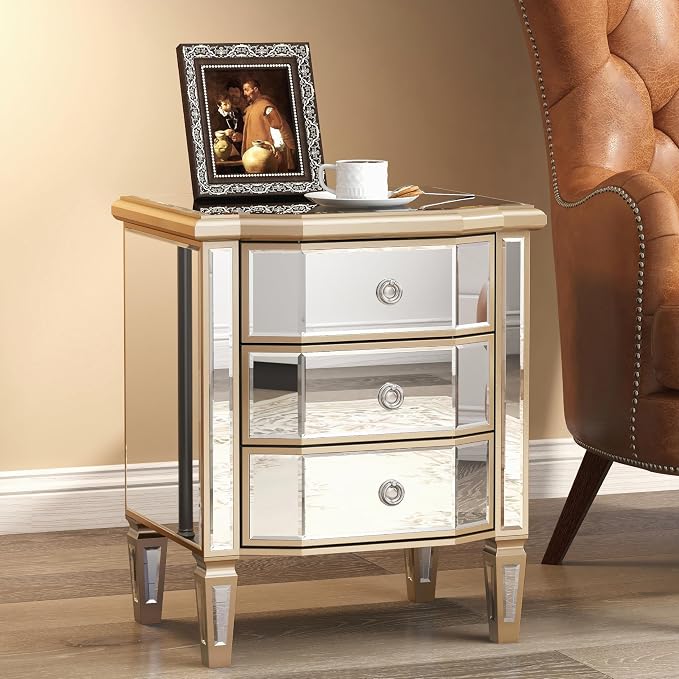 SHYFOY Mirrored Gold Nightstand with 3 Drawers, Antique Bed Side Table Night Stand, Mirror Finished Modern Accent Bedside Table, Glass Nightstand for Bedroom Living Room - Image 9
