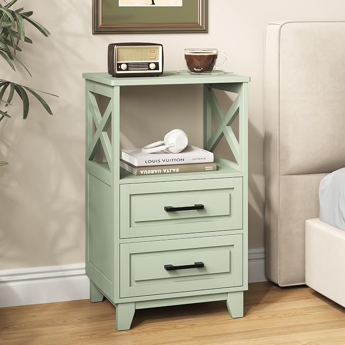 RoyalCraft 30" Tall Nightstand, Modern Painted Bedside Table with 2 Drawers and Open Shelf, Wood Side Table for Bedroom, Home Office, Green-Open Shelf Above, Set of 2 - Image 3