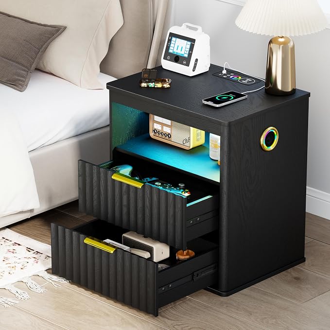 WOOVIVS Modern NightStand with Smart Human Sensor Lights, Bluetooth Music and 2 Large Storage Drawers, Bedside Table for Bedroom, Fluted Design, 23.6" H (Black) by WOOVIVS