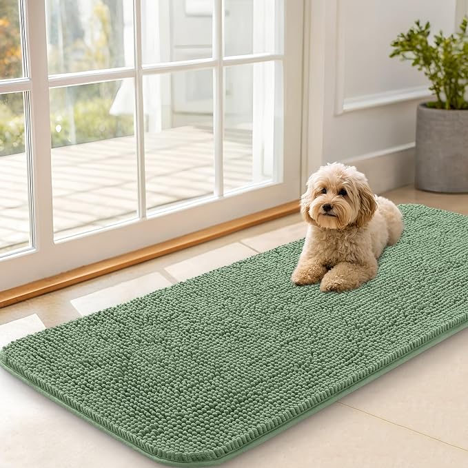 OLANLY Dog Door Mat for Muddy Paws 47x20, Absorbs Moisture and Dirt, Absorbent Non-Slip Washable Doormat, Quick Dry Chenille Mud Mat, Entry Indoor Entryway Carpet for Inside Floor, Olive Green by OLANLY