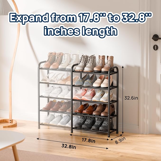 ENJOYBASICS 5 Tier Expandable Shoe Rack for Closet, Free Standing Metal Shoe Shelf Storage Organizer Holder 20 Pairs, Adjustable Width Shoe Rack for Entryway Small Space, Black - Image 2